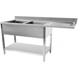 Plonge en inox avec sous-tablette et espace lave-vaisselle 2 bacs égouttoir à droite profondeur 70cm